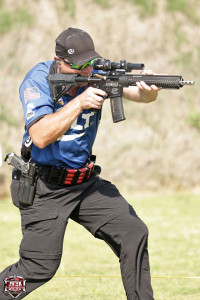 Upchurch shooting the rifle portion of stage six at the 3-Gun Pro Series Tour Event #2. Only the top ten shooters in the match were able to move on to shoot stage six, which Upchurch says was a fast stage with close targets and lots of ground to cover. Photo Credit: Patrick Kelly, 3-Gun Nation